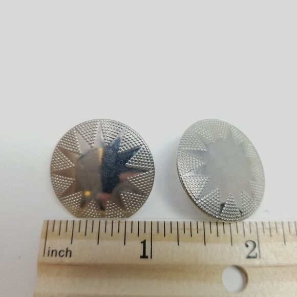 Vintage Silver Tone Starburst Design Stud Earrings, Round Shape, Retro 80s Style - Picture 4 of 6